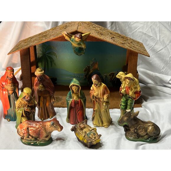 Vintage ITALY Lighted Music Box Nativity Set Silent Night Gorgeous - Picture 1 of 16